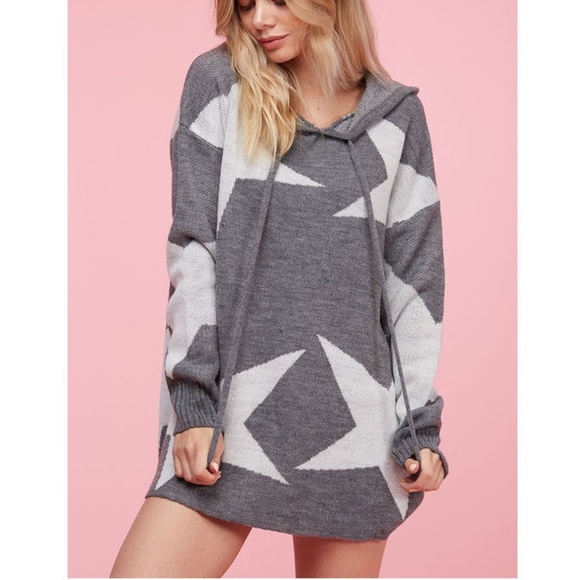 Gray White Star Hoodie Sweater Knit Tunic Top - Picture 5 of 8